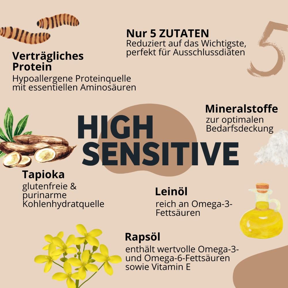 BugBell High Sensitive: Nur 5 Zutaten, perfekt für Ausschlussdiäten. Hypoallergenes Protein, glutenfreie Tapioka, sowie Leinöl und Rapsöl liefern wertvolle Omega-Fettsäuren und Vitamin E. Ideal für empfindliche Hunde, die beste Verträglichkeit brauchen.