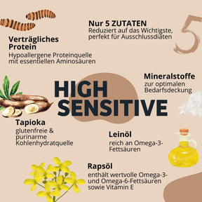 BugBell High Sensitive: Nur 5 Zutaten, perfekt für Ausschlussdiäten. Hypoallergenes Protein, glutenfreie Tapioka, sowie Leinöl und Rapsöl liefern wertvolle Omega-Fettsäuren und Vitamin E. Ideal für empfindliche Hunde, die beste Verträglichkeit brauchen.