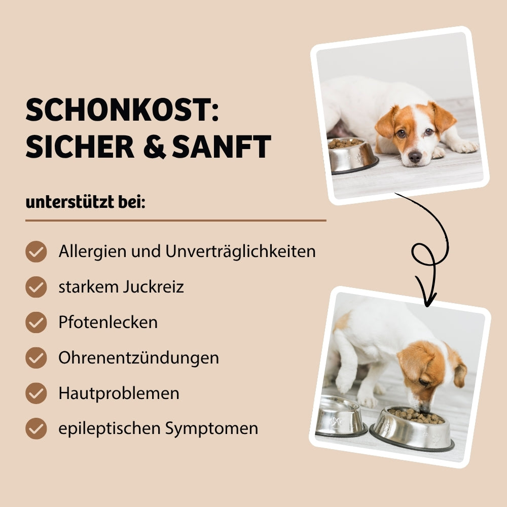 Vorteile HighSensitive - Schonkost bietet eine sichere und sanfte Lösung für Hunde mit starken Symptomen wie Juckreiz, Pfotenlecken, Ohrenentzündungen, Hautproblemen und epileptischen Anzeichen.
