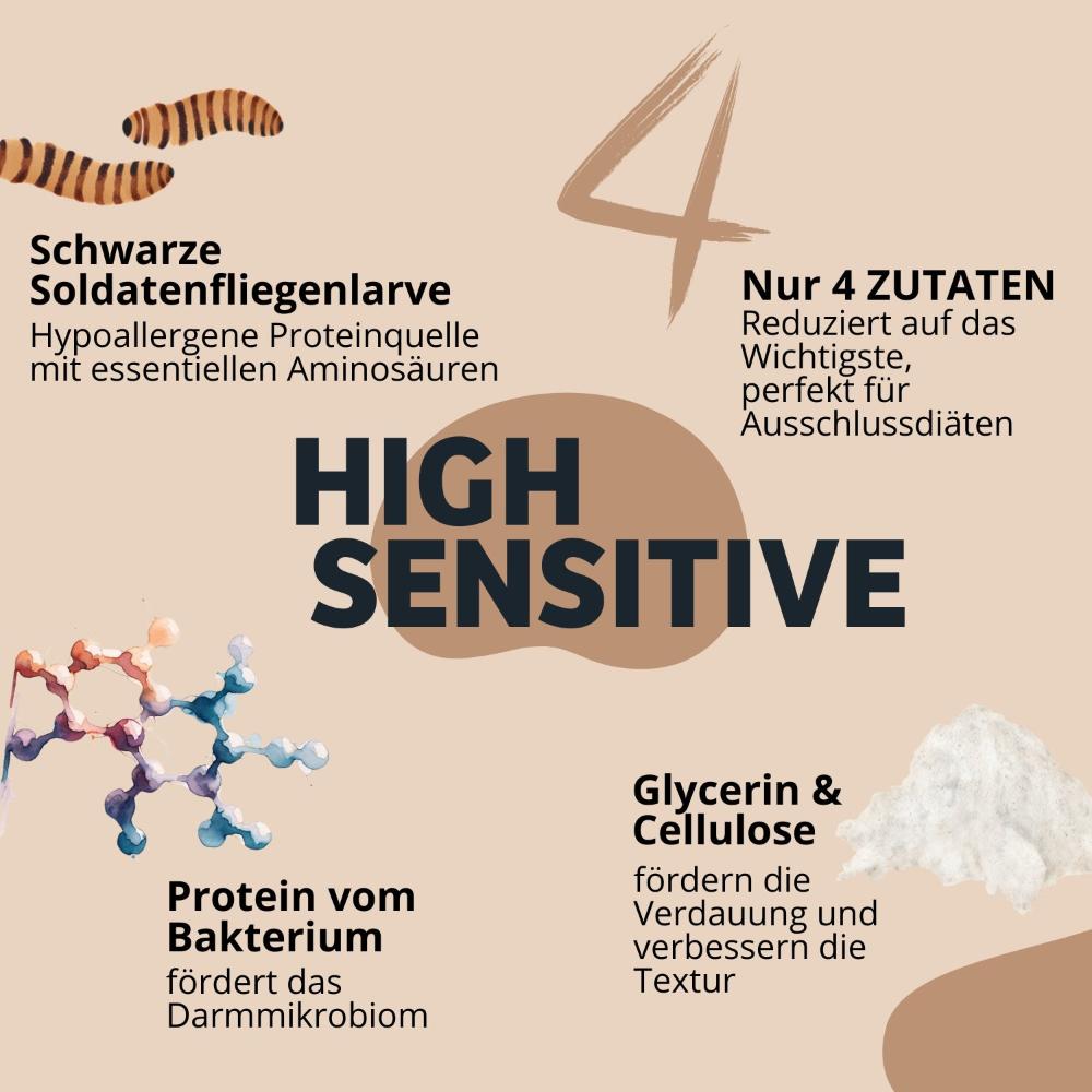 BugBell High Sensitive setzt auf nur 4 Zutaten für optimale Verträglichkeit, ideal für Ausschlussdiäten. Mit hypoallergenem Protein aus der Schwarzen Soldatenfliegenlarve und bakteriellen Proteinen zur Unterstützung des Darmmikrobioms. Glycerin und Cellulose fördern die Verdauung und sorgen für beste Textur.